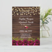 Country Burgundy floral String Lights Wood Wedding Einladung (Stehend Vorderseite)