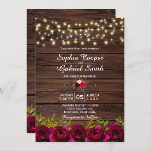 Country Burgundy floral String Lights Wood Wedding Einladung