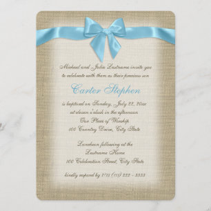 Country Burlap Baby Blue Christening Einladung