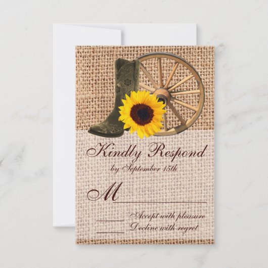 Country Burlap Cowboy Boots Sunflower Wedding RSVP (Vorderseite)