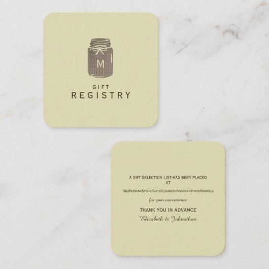 Country Burlap Mason Jar Wedding Gift Registry Begleitkarte (Vorne/Hinten)