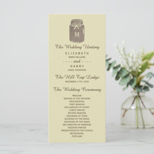Country Burlap Mason Jar Wedding Programm (Stehend Vorderseite)