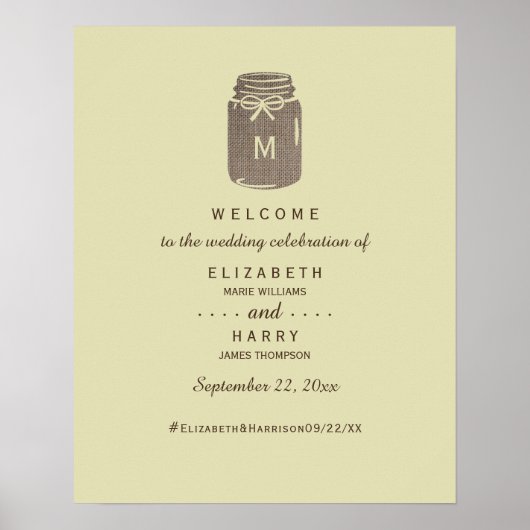 Country Burlap Mason Jar Wedding Willkommen Poster (Vorne)