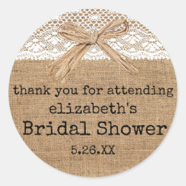 Country Burlap mit dem Lace Brautparty Guest Fevor Runder Aufkleber
