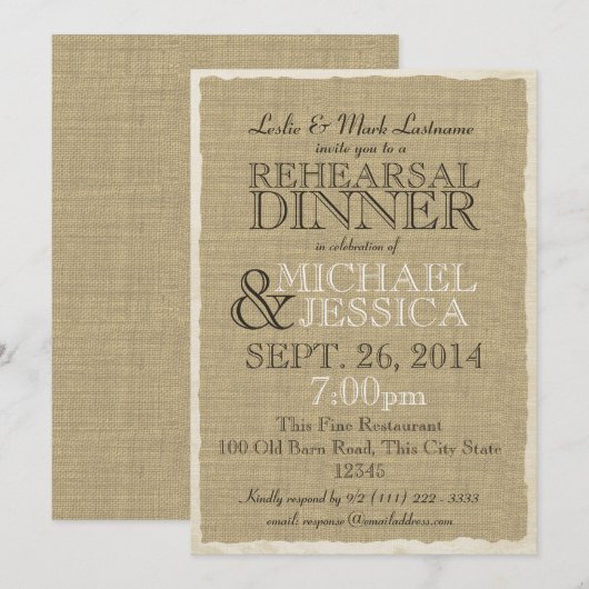 Country Burlap Probe Dinner Einladung (Vorne/Hinten)