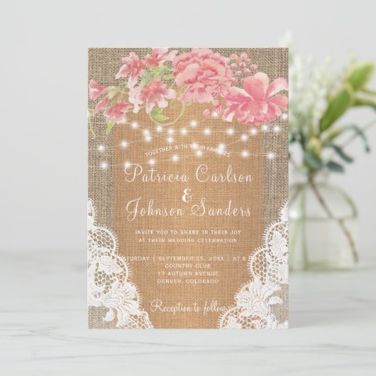 Country burlap rosa Toronleuchten und Spitzenhochz Einladung (Stehend Vorderseite)