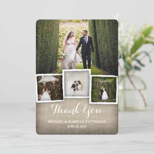 Country Burlap Wedding Foto Dankeschön Karte (Stehend Vorderseite)