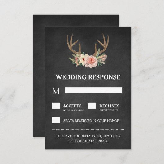 Country Chalkboard Deer Antler Wedding RSVP Cards (Vorne/Hinten)