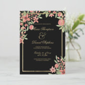 Country Chic Black Gold Pink Green Floral Hochzeit Einladung (Stehend Vorderseite)