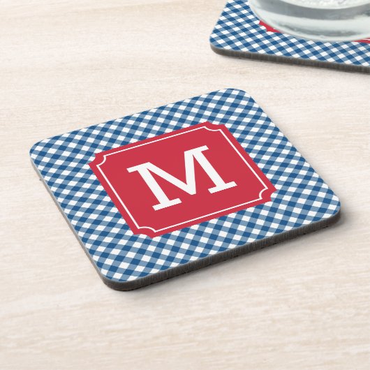 Country Chic Blue Gingham Personalize Monogram Getränkeuntersetzer (Linke Seite)