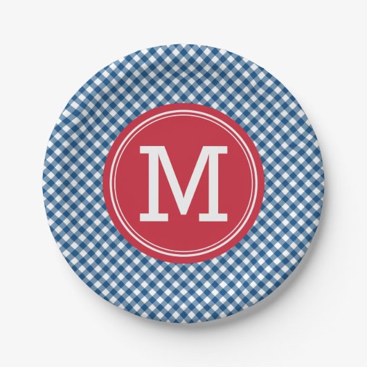 Country Chic Blue Gingham Personalize Monogram Pappteller (Vorderseite)