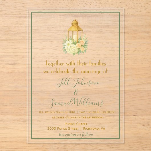 Country Chic Lantern mit blumengeschmückter Trauun Acryleinladungen (Vorderseite)