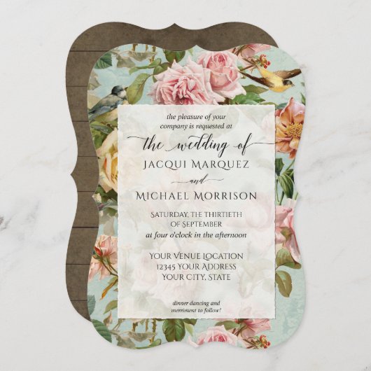 Country Chic Pink Rose Blume Rustic Wood Wedding Einladung (Vorne/Hinten)