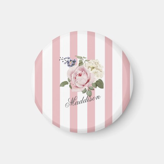 Country Chic Rosa Streifen Rose Bouquet Mit Monogr Magnet (Vorne)