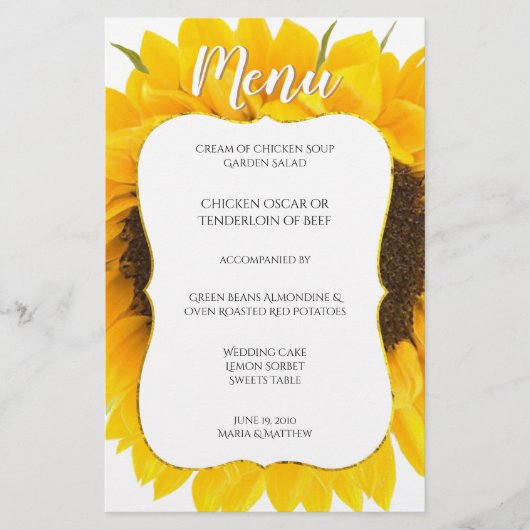 Country Chic Sunflower Wedding Menü (Vorderseite)