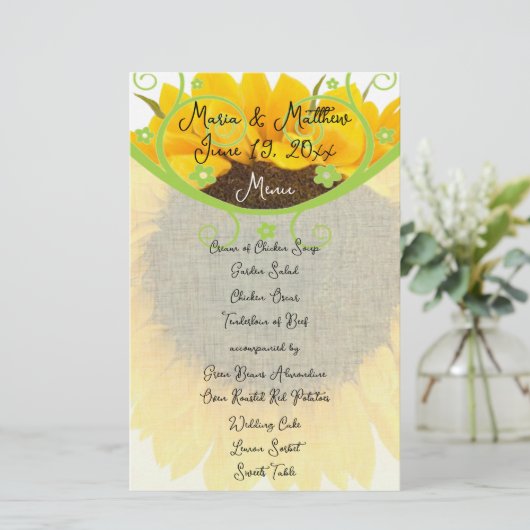 Country Chic Sunflower Wedding Menü (Stehend Vorderseite)