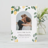 Country Chic Watercolor Lemon Wedding Foto Save The Date (Stehend Vorderseite)