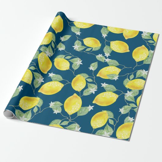 Country Chill Watercolor Lemons & Blue Geschenkpapier (Ungerollt)
