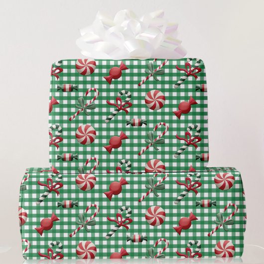 Country Christmas Candy Green Gingham Geschenk Geschenkpapier