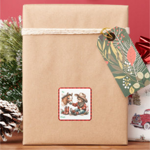 Country Christmas Cowgirl Pferd Geschenk Tag Aufkl Quadratischer Aufkleber