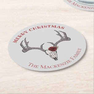 Country Christmas Deer Rentier Skull Antlers Runder Pappuntersetzer