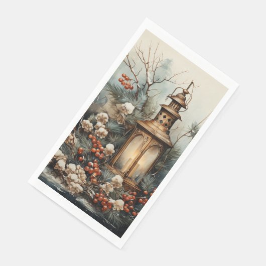Country Christmas Lantern Pine Branches Red Berriy Serviette (Ecke)