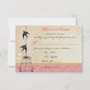 Country Coral Damask Bird Cage Wedding RSVP Karte