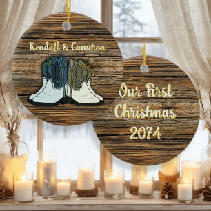 Country Cowboy Boots Paare Erste Weihnachten Keramik Ornament