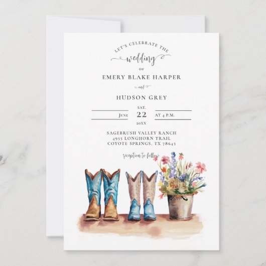 Country Cowboy Boots Wildblumen Rustikale Hochzeit Einladung (Vorderseite)