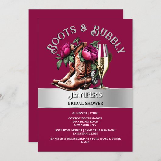 Country Cowgirl Stiefel magentale Bläserglasur Einladung (Vorne/Hinten)
