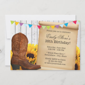 Country Cowgirl & Sunflowers Wood Birthday Party Einladung