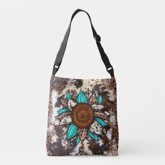 Country cowhid Leopard Print Türkis Blume Tragetaschen Mit Langen Trägern (Rückseite)