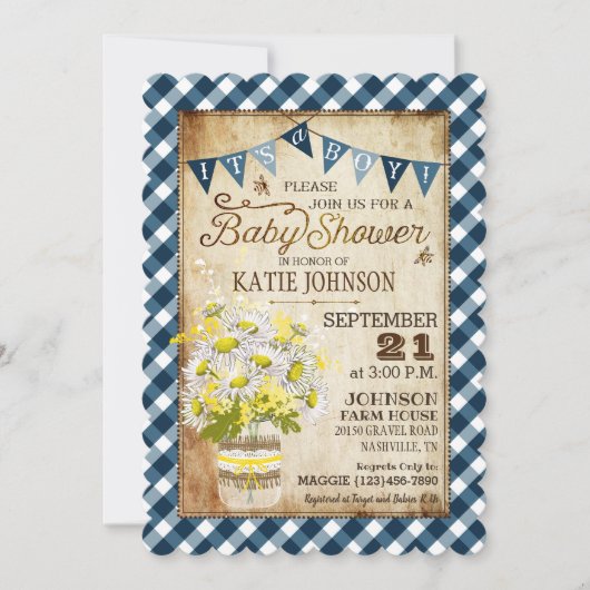 Country Daisies Gingham Karo Boy Baby Shower Einladung (Vorderseite)