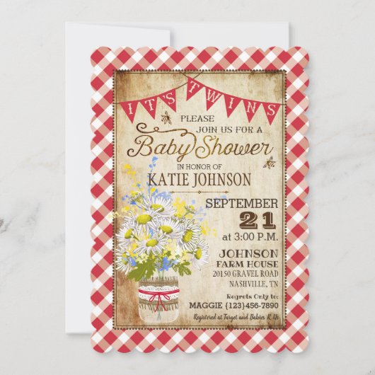 Country Daisies Gingham Karo Twins Baby Shower Einladung (Vorderseite)