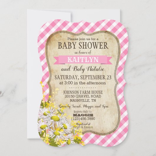 Country Daisies Pink Gingham Karo Baby Shower Einladung (Vorderseite)
