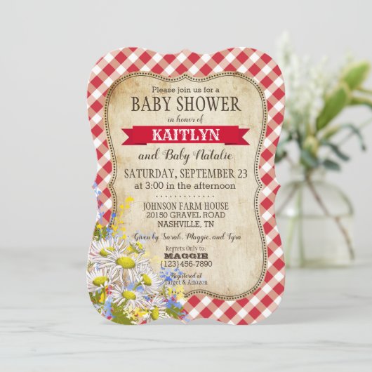 Country Daisies Red Gingham Karo Baby Dusche Einladung (Stehend Vorderseite)