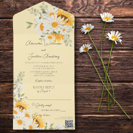 Country Daisies & Sunflowers auf Pale Gold QR Code All In One Einladung