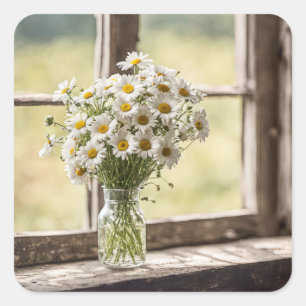 Country Daisy Bouquet im Fenster Quadratischer Aufkleber