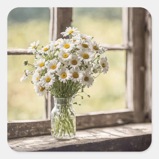 Country Daisy Bouquet im Fenster Quadratischer Aufkleber (Vorderseite)
