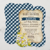 Country Daisy Navy Blue Gingham Karo Baby Showroom Einladung (Vorne/Hinten)