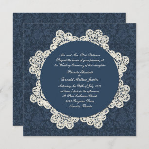 Country Denim Damask & Ivory Lace Wedding Einladung
