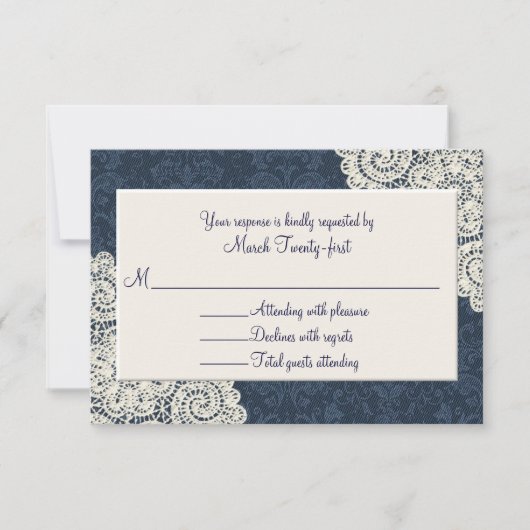 Country Denim Damask & Ivory Wedding RSVP Card Karte (Vorderseite)