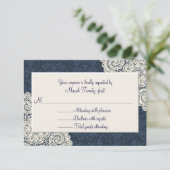 Country Denim Damask & Ivory Wedding RSVP Card Karte (Stehend Vorderseite)