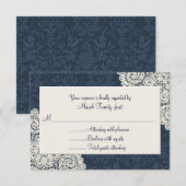 Country Denim Damask & Ivory Wedding RSVP Card Karte (Vorne/Hinten)