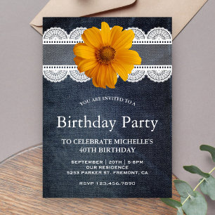 Country Denim Lace Sunflower Birthday Party Einladung