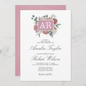 Country Dusty Rose Floral Initials Einladung (Vorne/Hinten)
