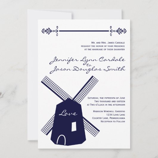 Country Dutch Windmill Navy Hochzeitseinladungen Einladung (Vorderseite)