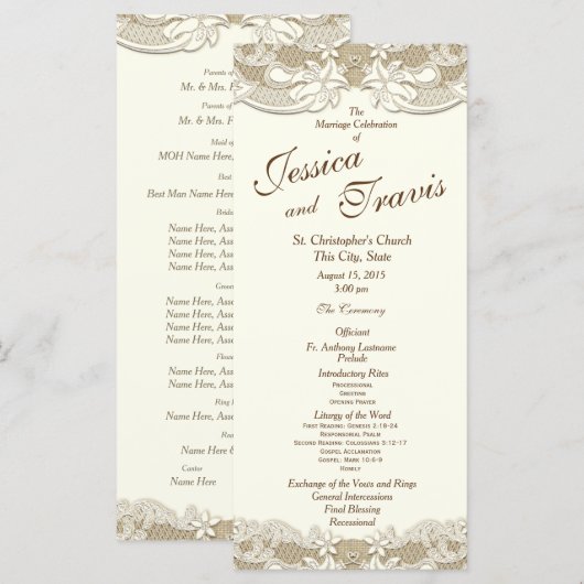 Country Elegance Burlap Floral Wedding Programm (Vorne/Hinten)