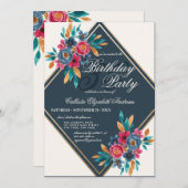 Country Fall Blue Gold Blume Geburtstag Einladung (Vorne/Hinten)