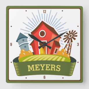 Country Farm Big Red Barn Personalized Ranch Quadratische Wanduhr